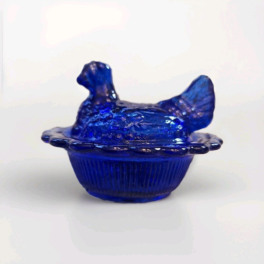 Vintage Mosser Cobalt Blue Hen on Nest Salt Cellar Trinket Dish Glass USA